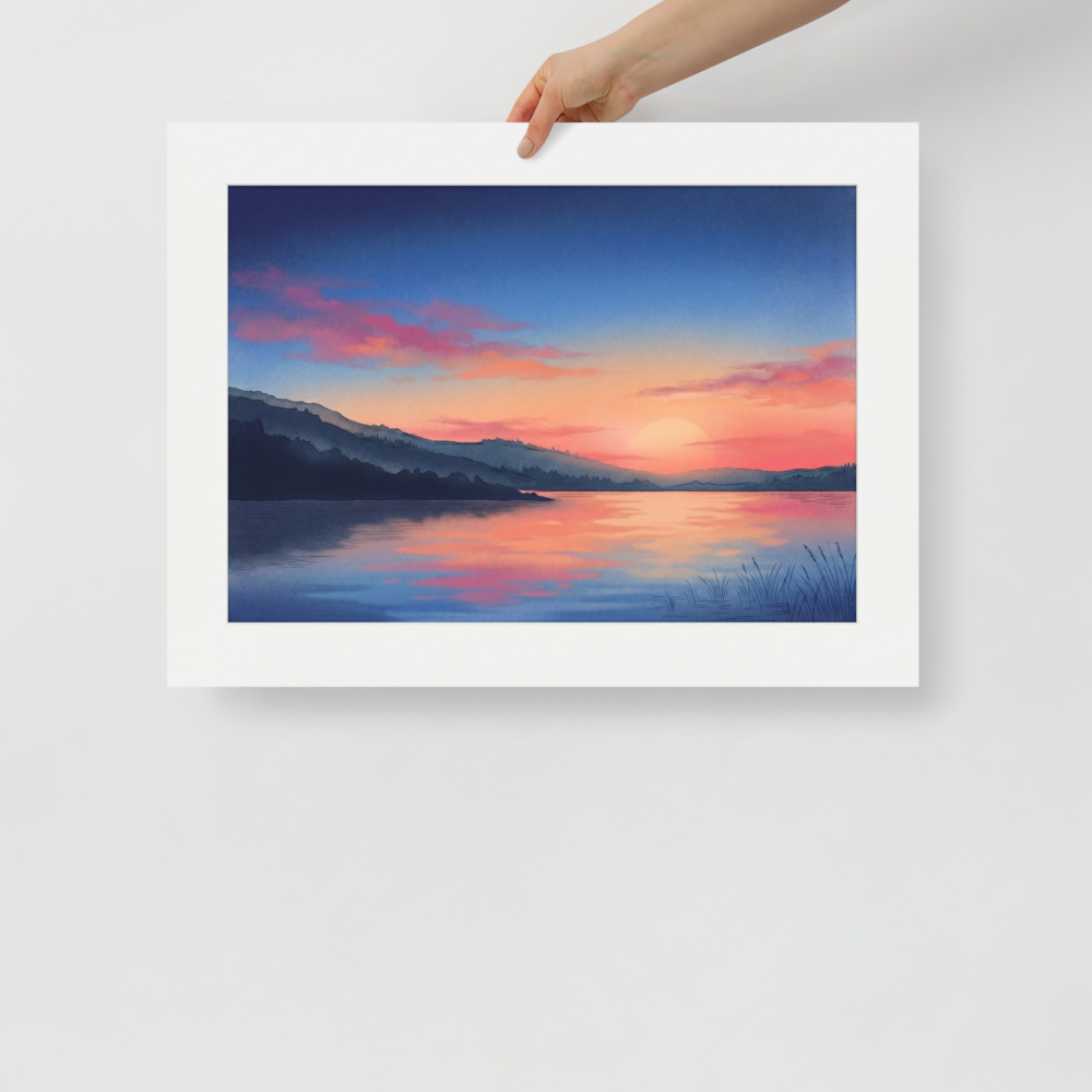 'Twilight on the Lake' — a Impressionism,Romanticism print. A serene sunset landscape with pink and orange skies reflecting on a calm lake, framed by dark mountain silhouettes.