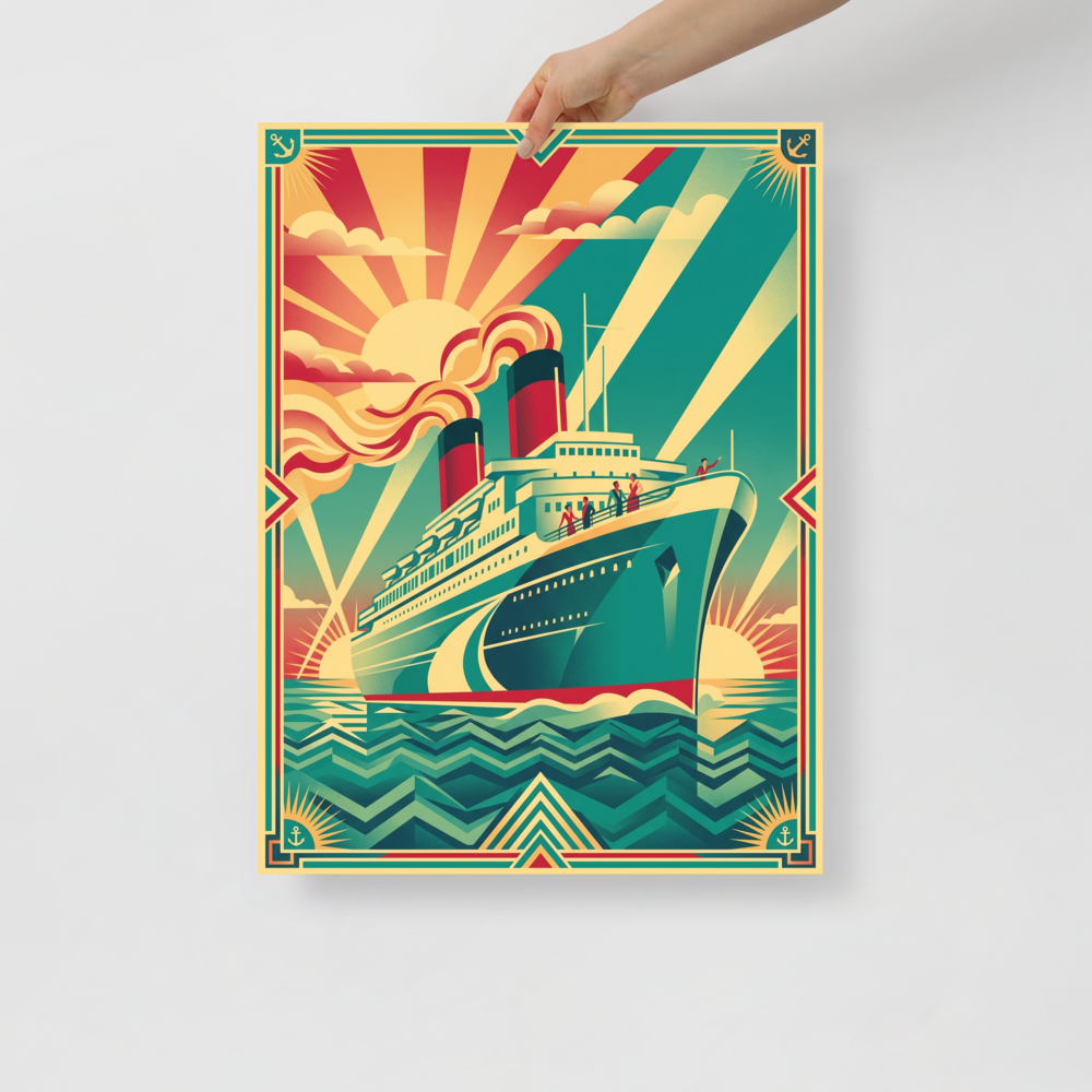 'Voyage of the Sunburst' — a Art Deco print. A vintage-style travel poster of a grand ocean liner sailing on geometric waves under a bold sunburst sky, an adventurous piece for a home office or den.