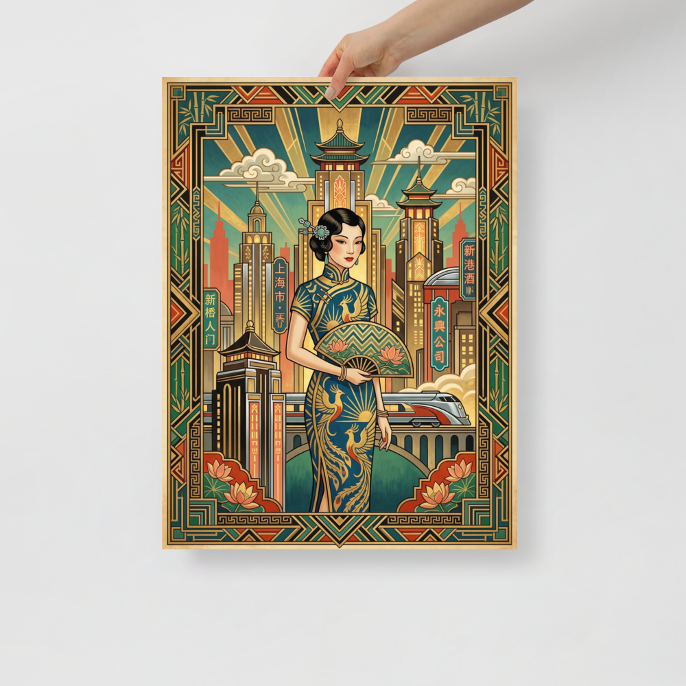 'Shanghai Moderne' — a Art Deco print. An intricate illustration of an elegant woman in a qipao standing before a blending of Art Deco skyscrapers and Chinese pagodas, a sophisticated choice for a living room.