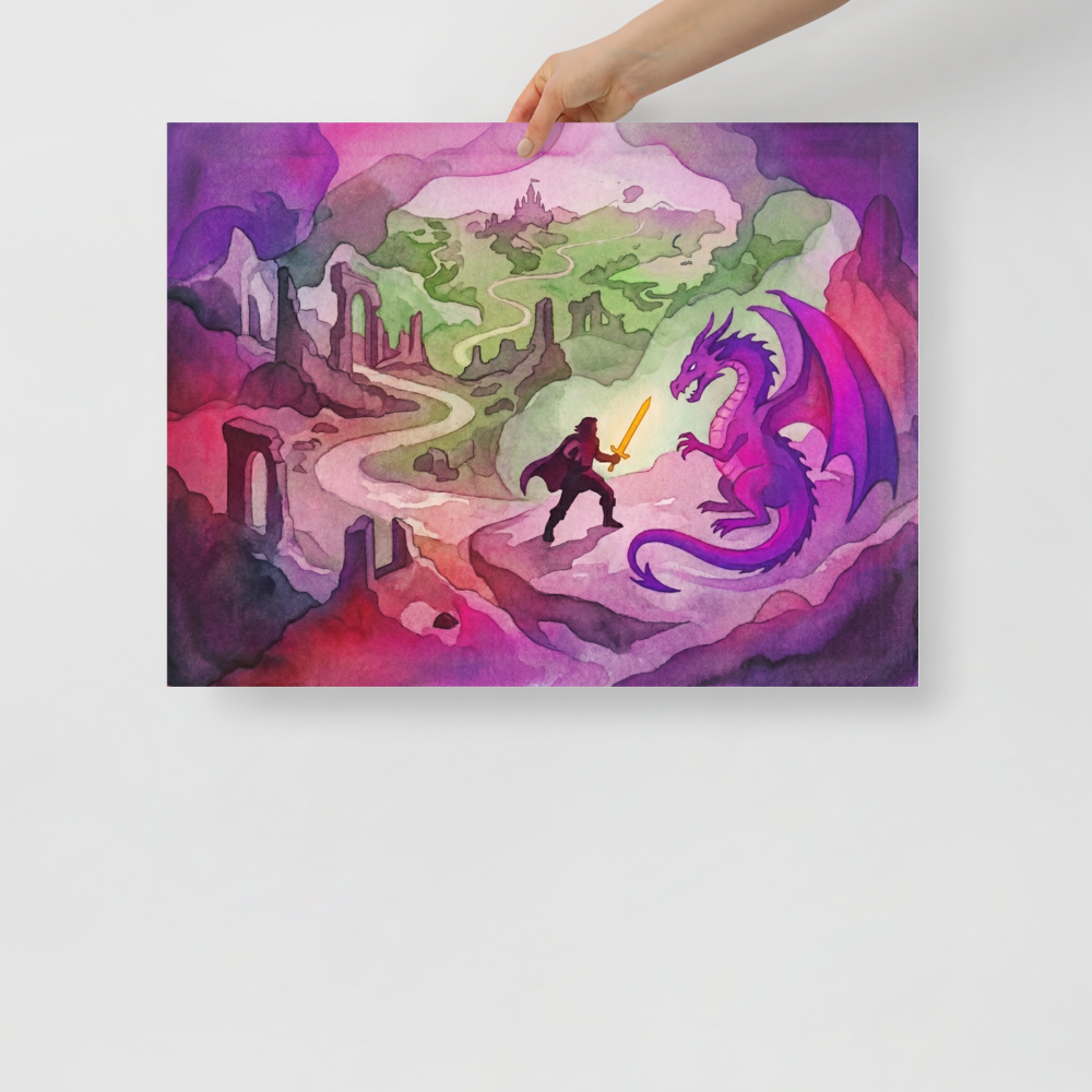 'The Dragon's Challenge' — a Fantastic realism print. A vibrant watercolor fantasy scene showing a knight with a glowing sword facing a purple dragon, with a winding path leading to a distant castle.