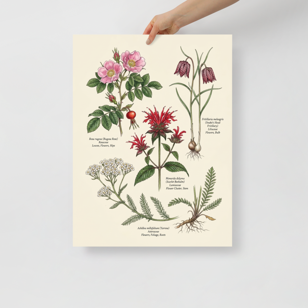 'Wildflowers and Herbs Compendium' — a Academic art,Realism print. Botanical illustration featuring a Rugosa Rose, Snake's Head Fritillary, Scarlet Beebalm, and Yarrow.