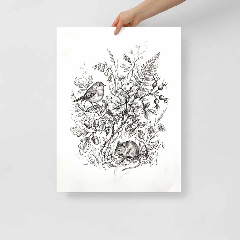 'Forest Companions Sketch' — a Realism print. Pencil sketch of a robin perched on a rose bush and a mouse on the ground.