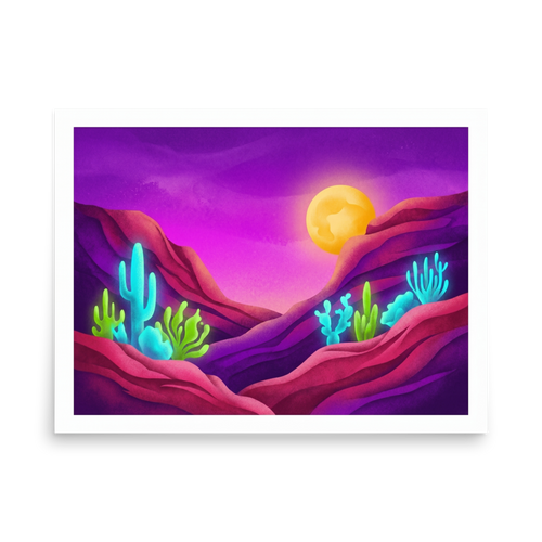 'Bioluminescent Desert' — a Surrealism,Psychedelic art print. A vividly colored surreal desert landscape at night with a glowing moon, purple skies, and glowing neon blue and green cacti.