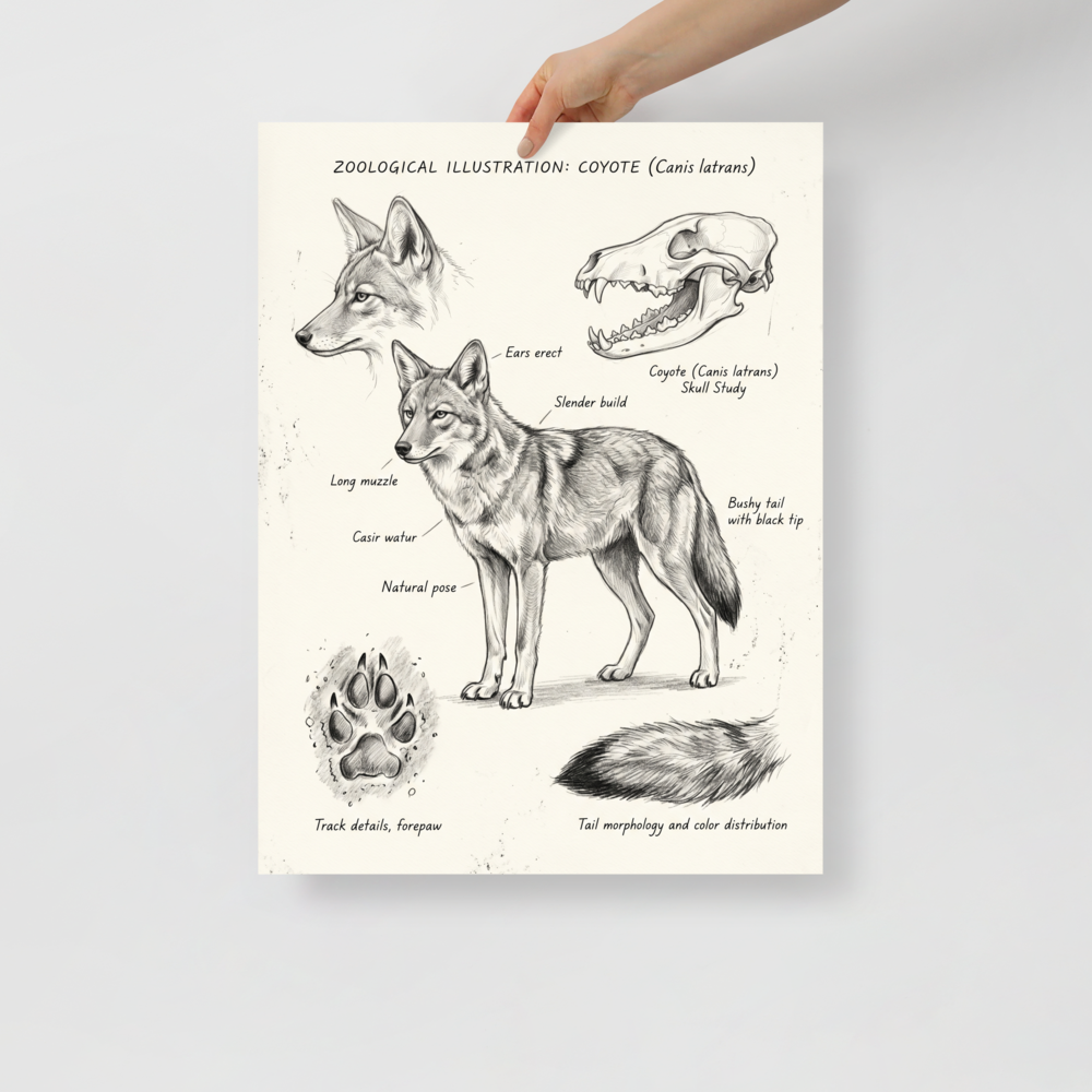 'Coyote Zoological Study' — a Academic art,Realism print. Detailed illustration of a coyote with anatomical details of its skull, tail, and paw prints.