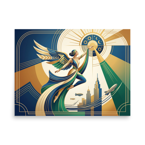 'Celestial Flight' — a Art Deco print. A modern Art Deco woman with wings reaching toward a stylized sun against a city skyline, perfect for a chic Office.