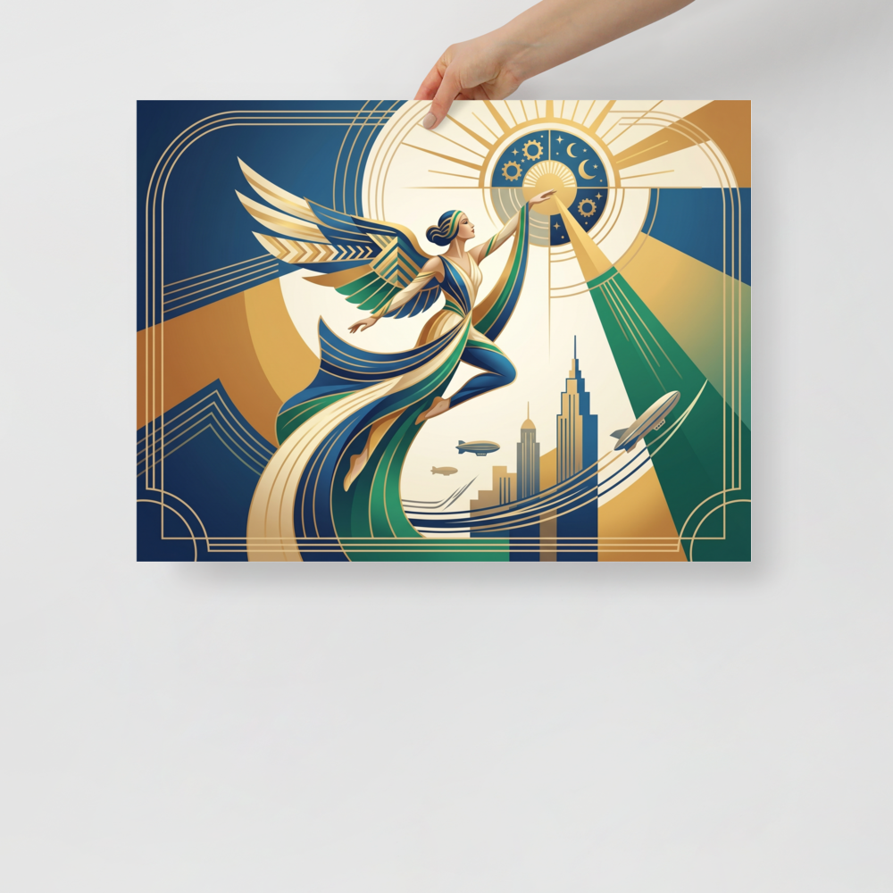 'Celestial Flight' — a Art Deco print. A modern Art Deco woman with wings reaching toward a stylized sun against a city skyline, perfect for a chic Office.
