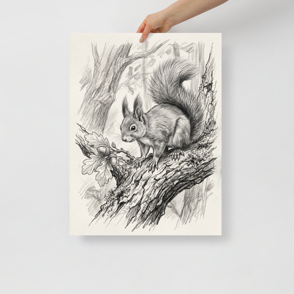 'Squirrel and Acorns Sketch' — a Realism print. Pencil sketch of a squirrel sitting on a branch next to oak leaves and acorns.