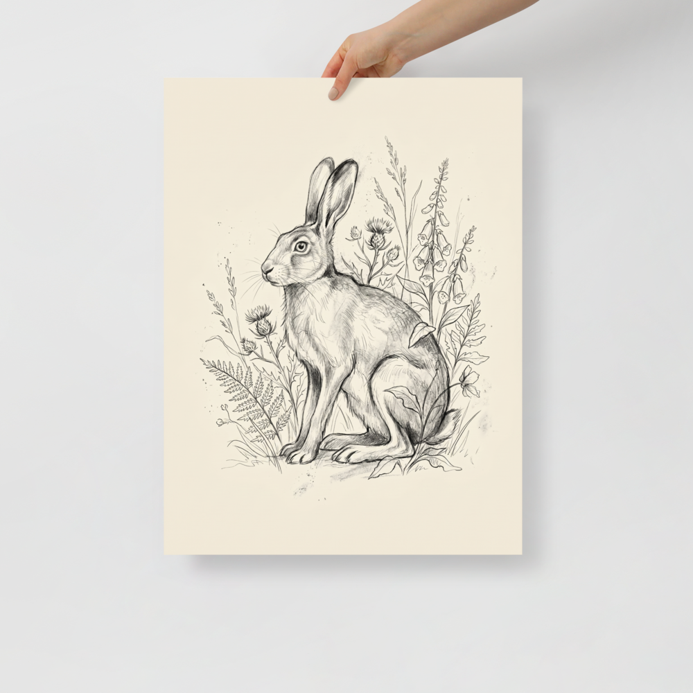 'Hare in the Thistles Sketch' — a Realism print. Pencil sketch of a hare sitting among ferns and thistles.