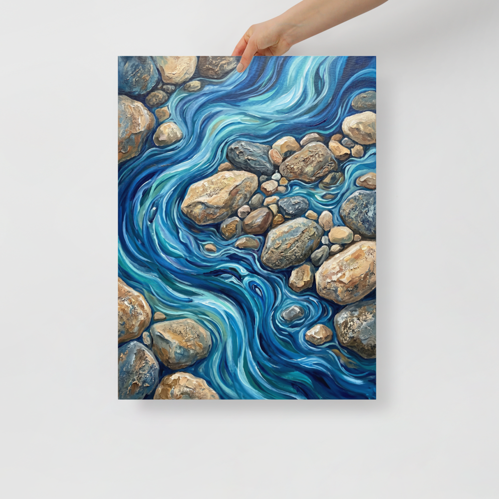 'Riverbed Rhythms' — a Abstract expressionism print. A dynamic abstract painting of a flowing blue river winding through textured stones, perfect for adding a calming touch to a Living Room.