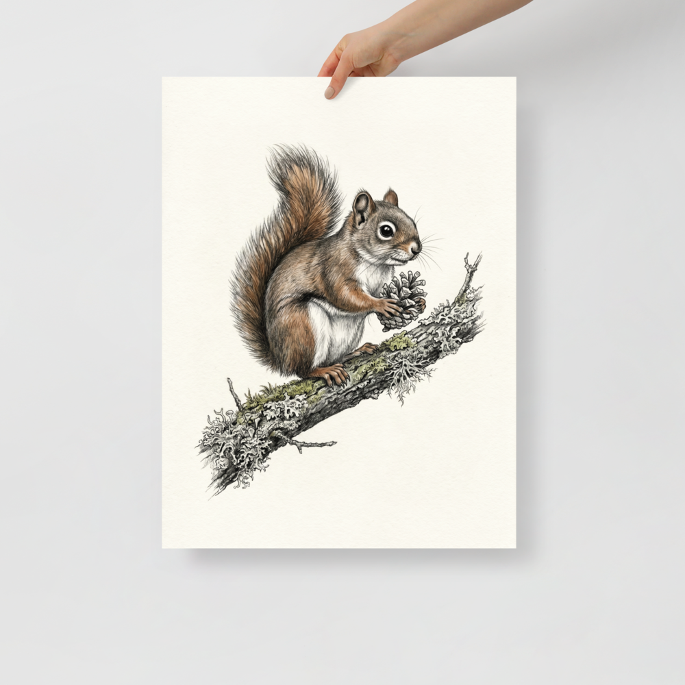 'Red Squirrel with Pinecone' — a Academic art,Realism print. Detailed colored illustration of a red squirrel sitting on a branch holding a pinecone.