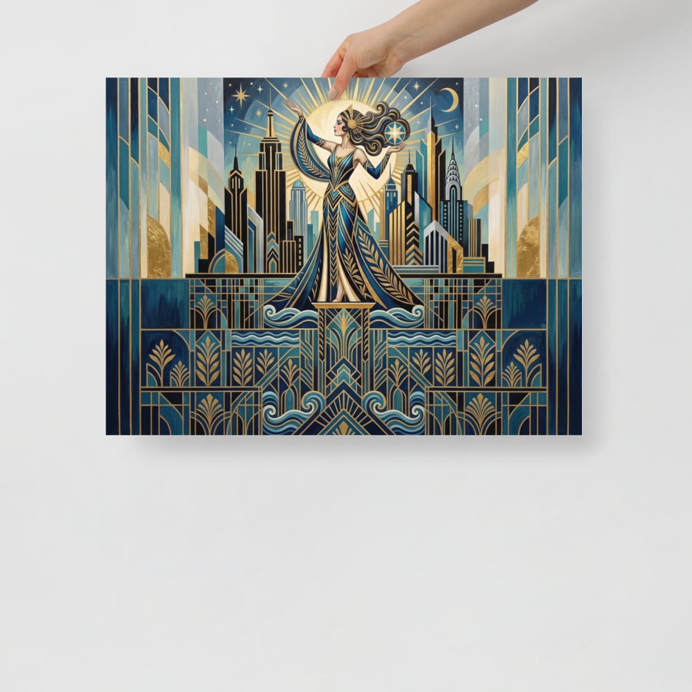 'Golden Metropolis' — a Art Deco print. A stylized Art Deco illustration of an elegant woman holding a star against a city skyline, perfect for bringing vintage glamour to a living room.