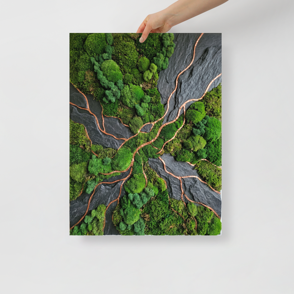 'Moss and Slate' — a Environmental art,Assemblage print. A textured wall art piece featuring green moss, dark slate stones, and copper veins, ideal for an Office.