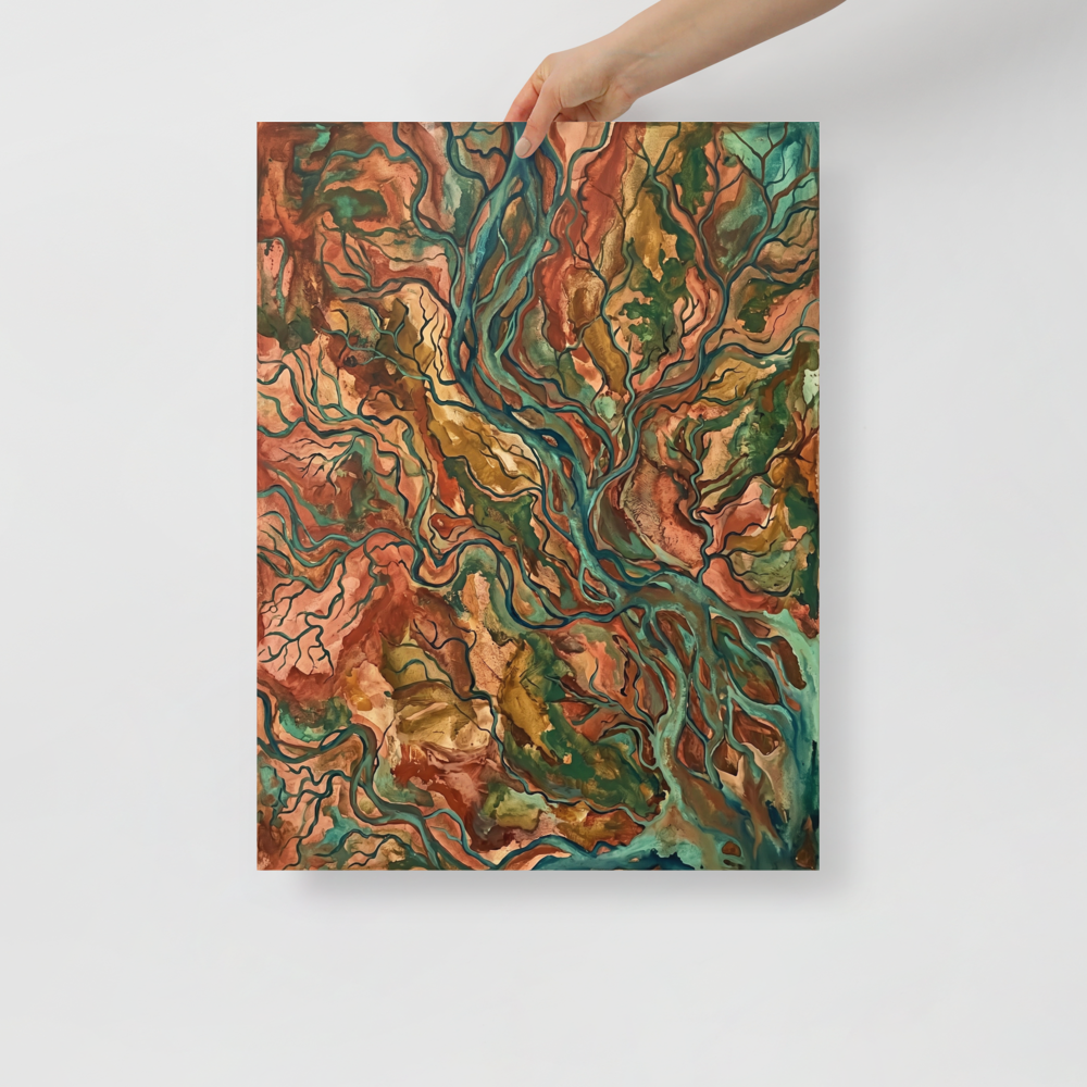 'Earth Veins' — a Abstract expressionism,Abstract art print. An abstract painting of branching teal rivers flowing through earthy red and brown terrain, perfect for a Living Room.