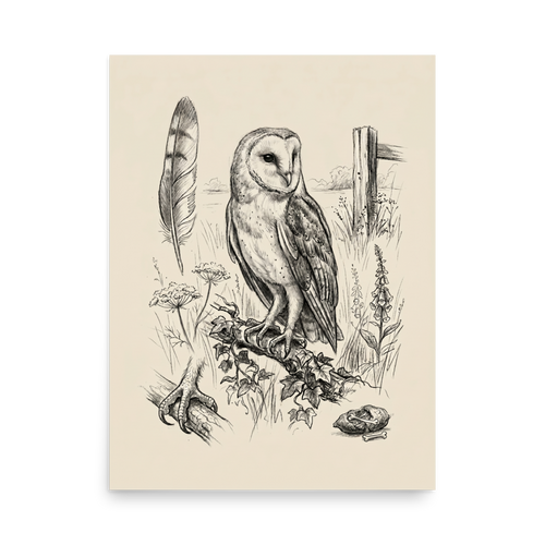 'Barn Owl Anatomy Study' — a Realism print. Pencil sketch of a barn owl with anatomical details including a feather, talons, and a skull.