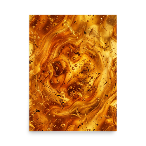 'Amber Depths' — a Abstract art print. A swirling, golden amber abstract piece resembling liquid honey with bubbles, ideal for a cozy Bedroom or Den.