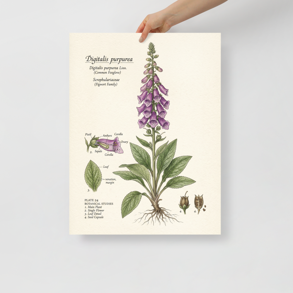 'Common Foxglove Botanical Plate' — a Academic art,Realism print. Detailed botanical illustration of a foxglove plant, showing the full flower spike, leaf details, and seed capsules.