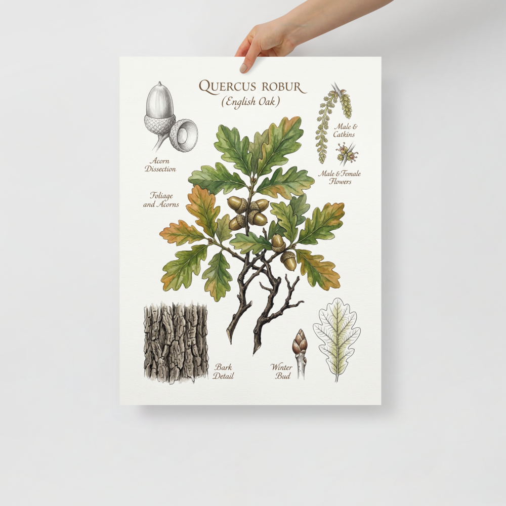 'English Oak Botanical Study' — a Academic art,Realism print. Detailed botanical illustration of an English Oak branch with acorns, bark details, and flowers.