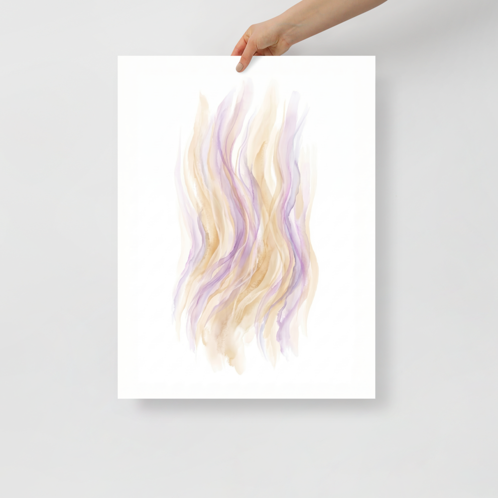 'Pastel Whispers' — a Abstract art,Lyrical abstraction print. An abstract watercolor painting featuring soft, flowing vertical ribbons of peach and lavender, perfect for a Bedroom.