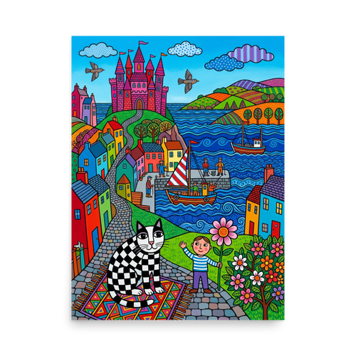 'Checkered Cat's Castle Dream' — a Naive art print. A colorful naive art scene featuring a black and white checkered cat sitting on a patterned rug in a playroom, with a seaside village and pink castle in the background.