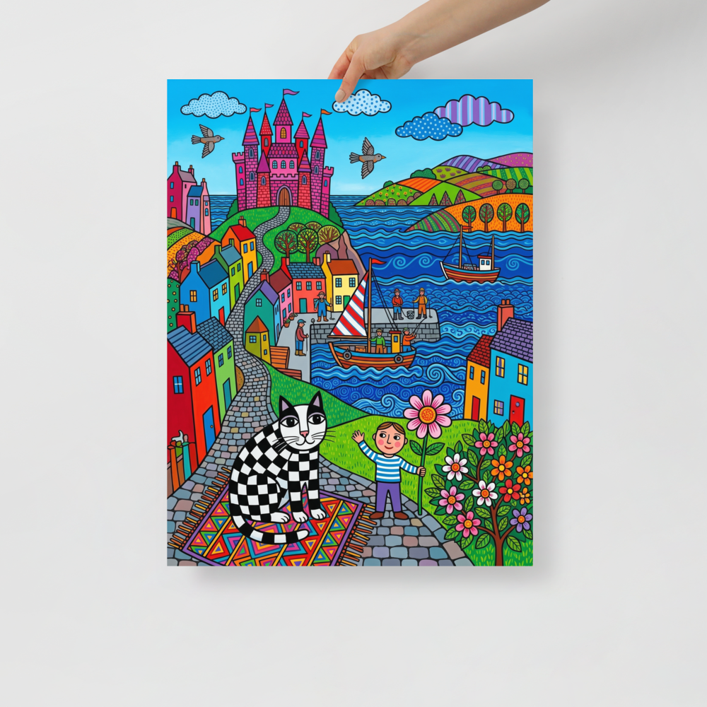 'Checkered Cat's Castle Dream' — a Naive art print. A colorful naive art scene featuring a black and white checkered cat sitting on a patterned rug in a playroom, with a seaside village and pink castle in the background.