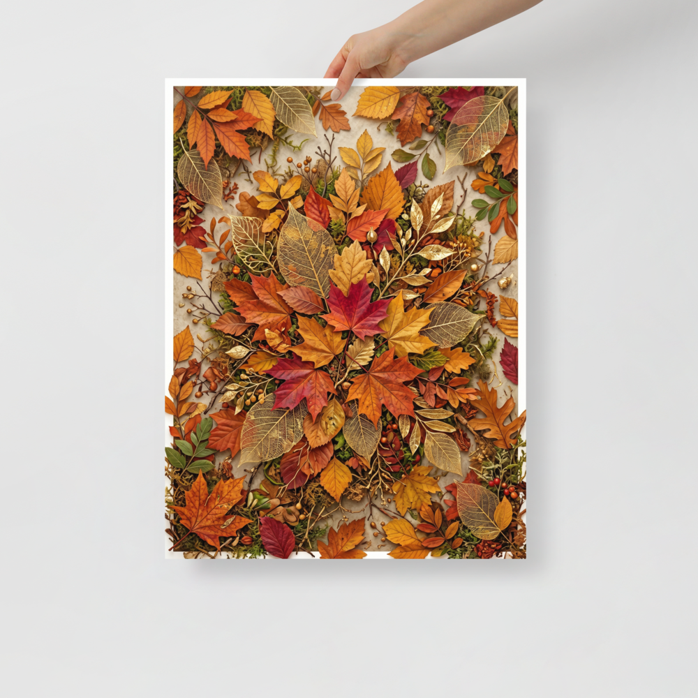 'Autumn Tapestry' — a Assemblage,Realism print. A highly detailed composition of colorful autumn leaves and golden skeletal foliage, ideal for a Dining Room.