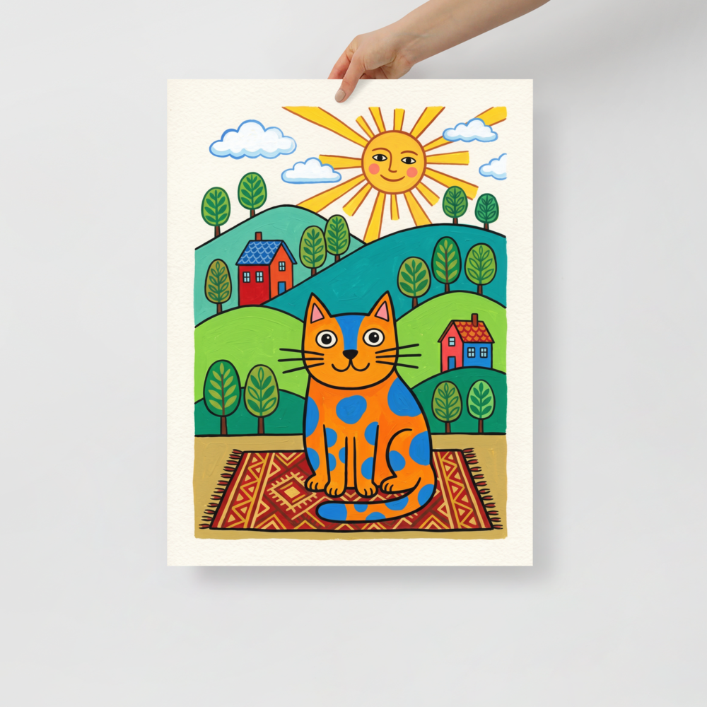 'The Sunlit Spotted Cat' — a Naive art print. A naive art painting of an orange and blue spotted cat sitting on a rug in a sunlit landscape, perfect for a cheerful nursery.