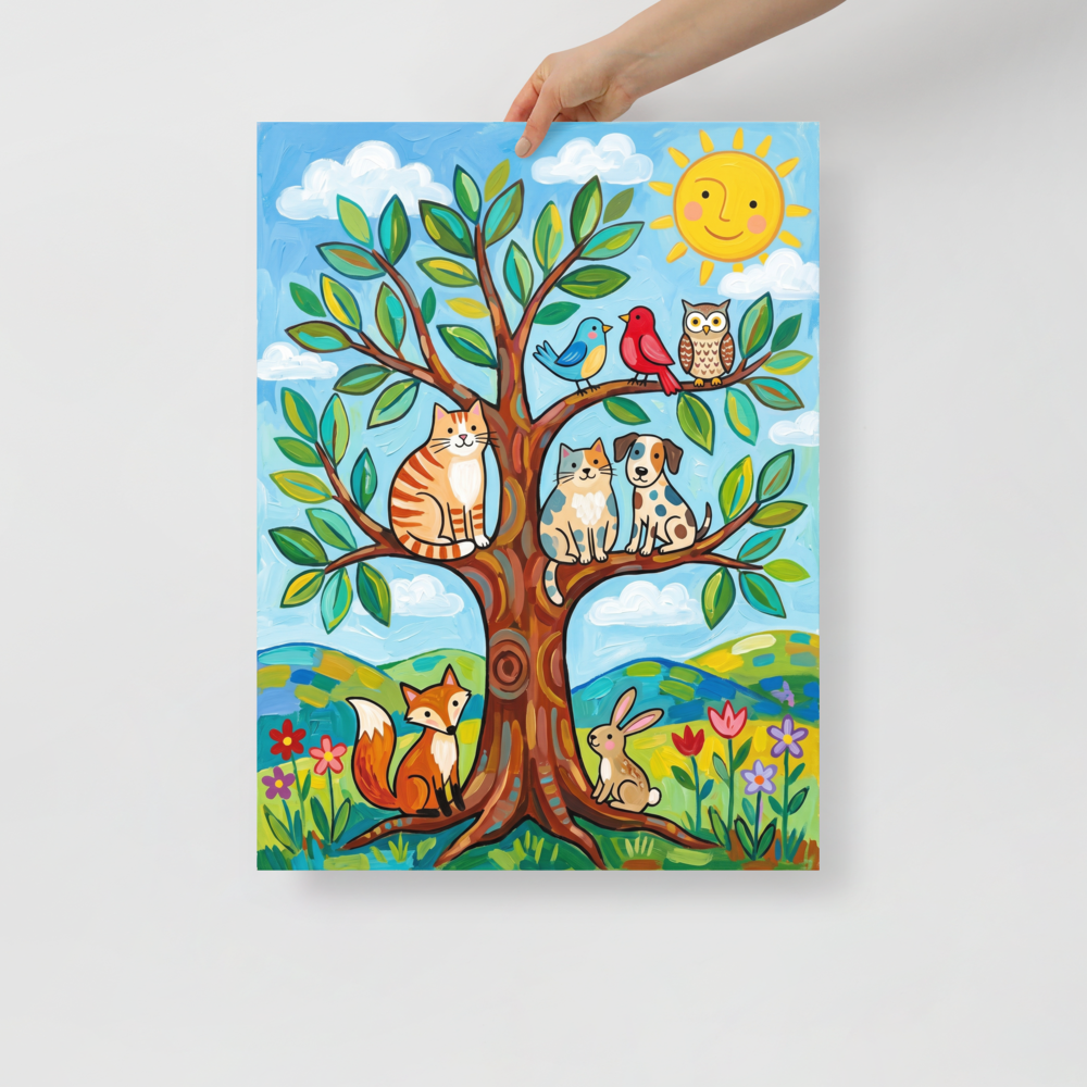 'Friends In The Sunlit Tree' — a Naive art print. A colorful naive art painting of a tree filled with a cat, dog, birds, and an owl, with a fox and rabbit below, under a smiling sun.