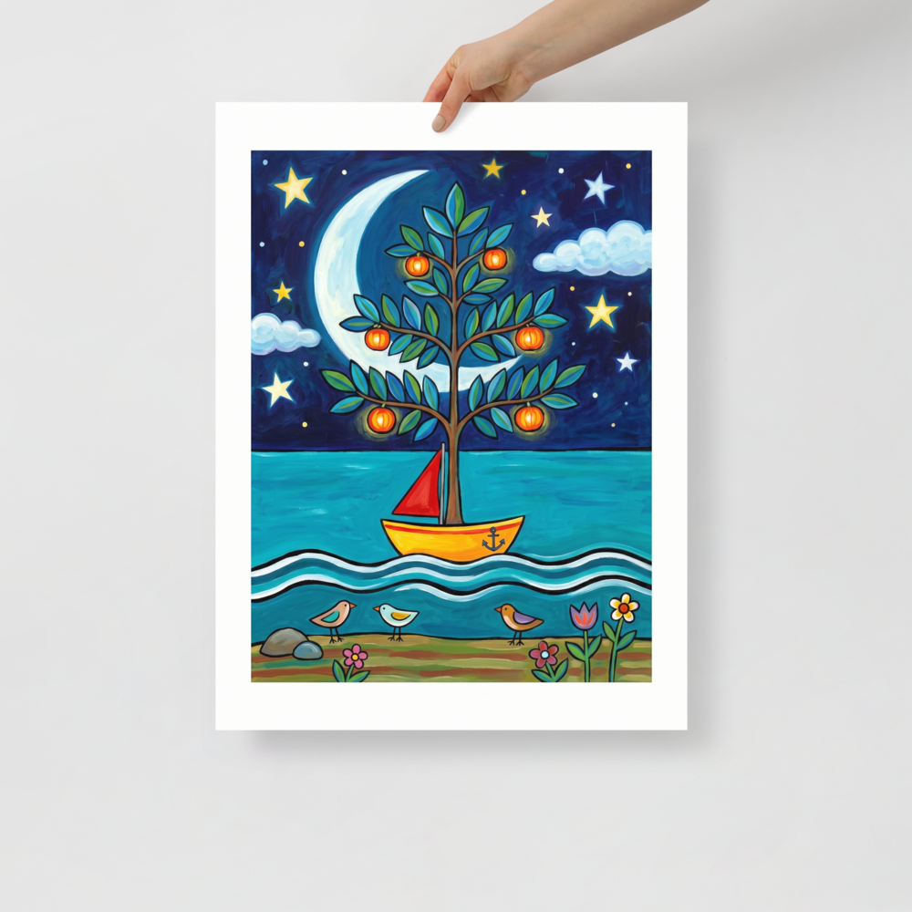 'The Glowing Orchard Boat' — a Naive art print. A dreamy naive art painting featuring a tree with glowing orange fruits growing inside a yellow boat on the water, under a large crescent moon and starry sky.