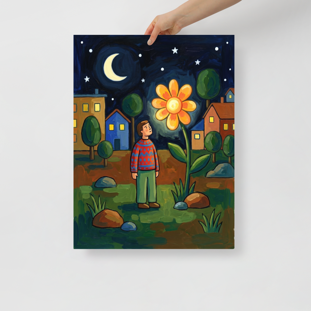 'The Glowing Night Bloom' — a Naive art print. A naive art painting of a person looking at a giant glowing orange flower at night, with a crescent moon and houses in the background.