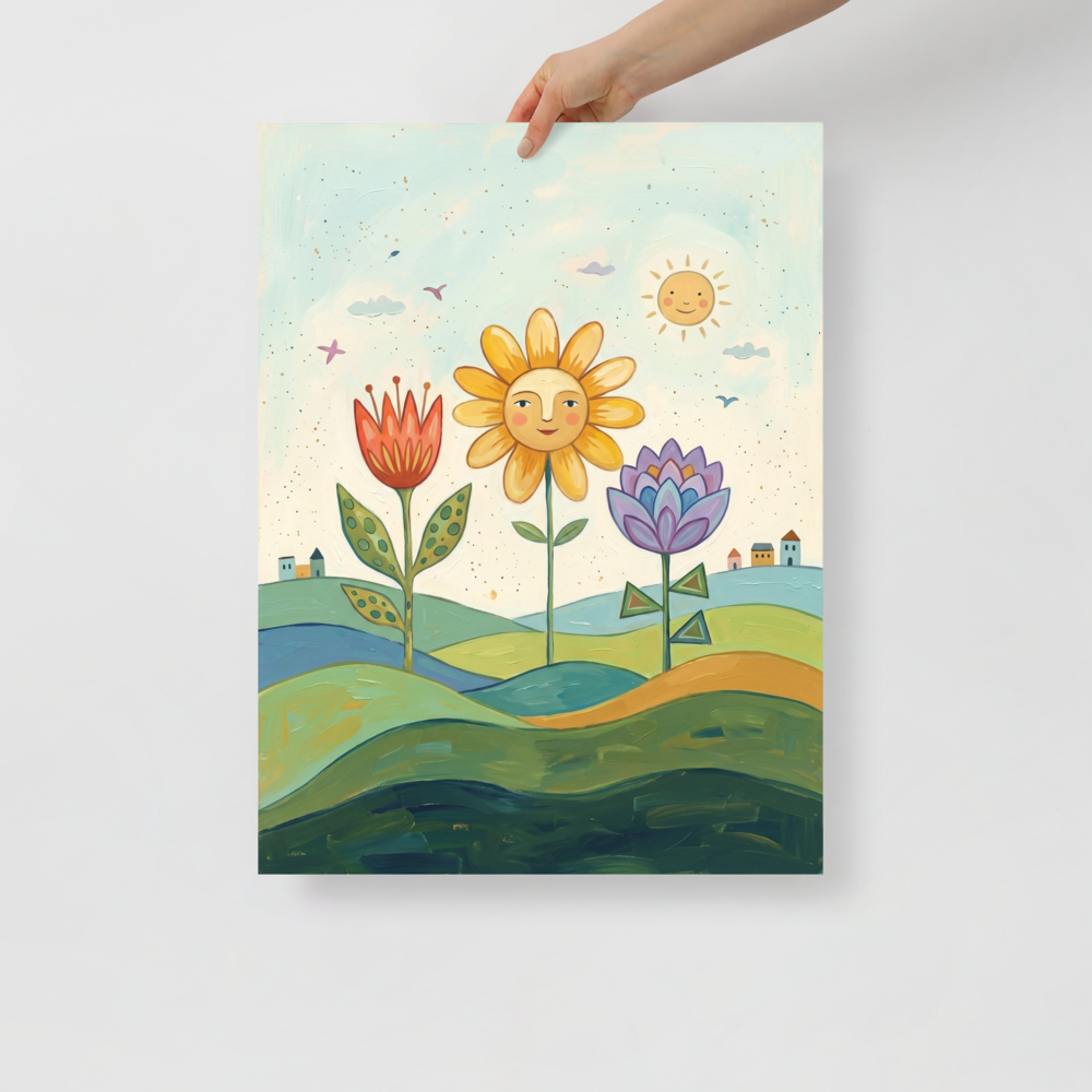 'Smiling Flowers In The Sun' — a Naive art print. A colorful naive art painting of three smiling flowers on green hills under a smiling sun, with tiny houses in the distance.