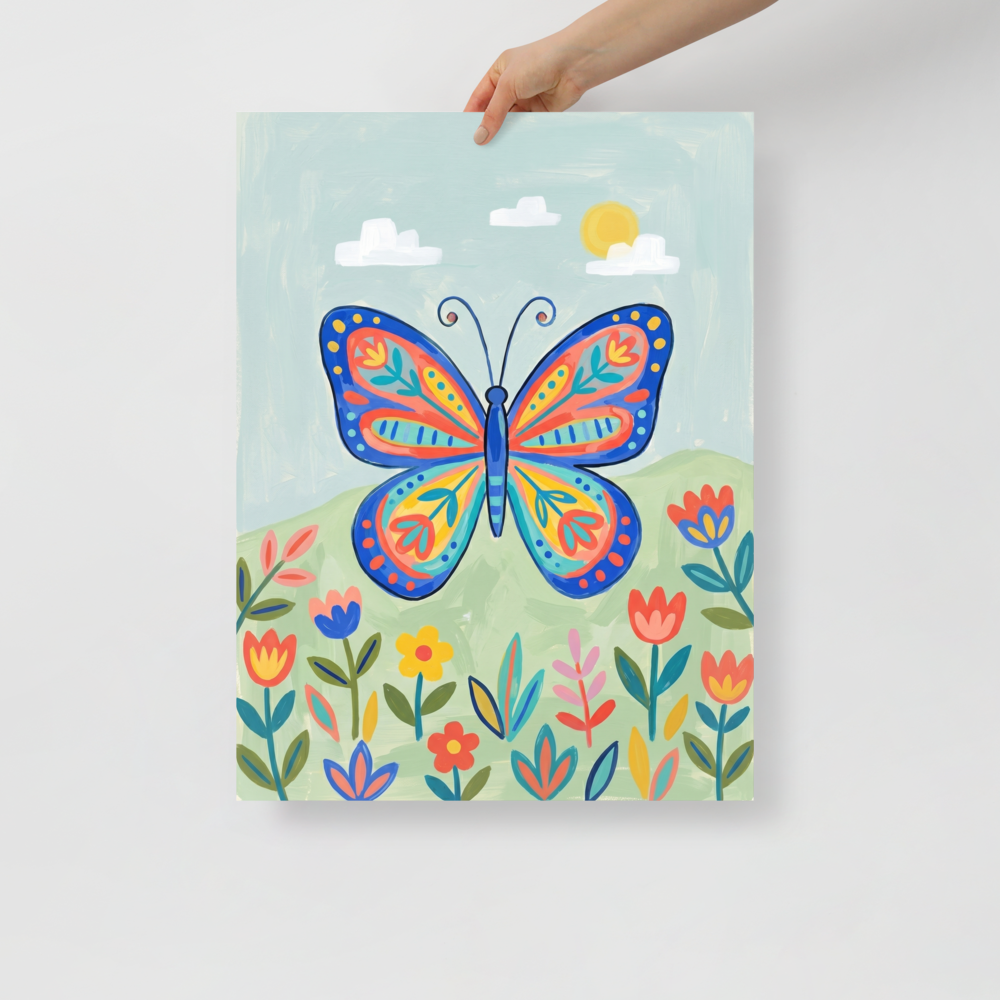 'The Joyful Butterfly' — a Naive art print. A vibrant naive art painting of a large, colorful butterfly with intricate patterns flying over a field of stylized flowers under a sunny sky.