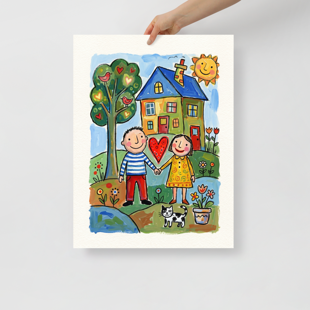 'Our Little Home' — a Naive art,Folk art print. A smiling couple holding hands in front of a colorful house, a tree with heart apples, and a black and white cat, perfect for a family living room.