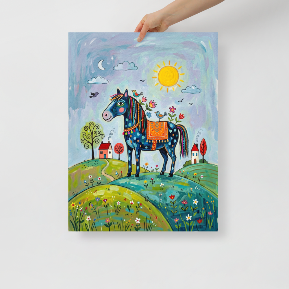 'The Starlit Steed' — a Naive art print. A decorative blue horse with braided mane standing on green hills under a sun and moon, perfect for a cozy bedroom or nursery.