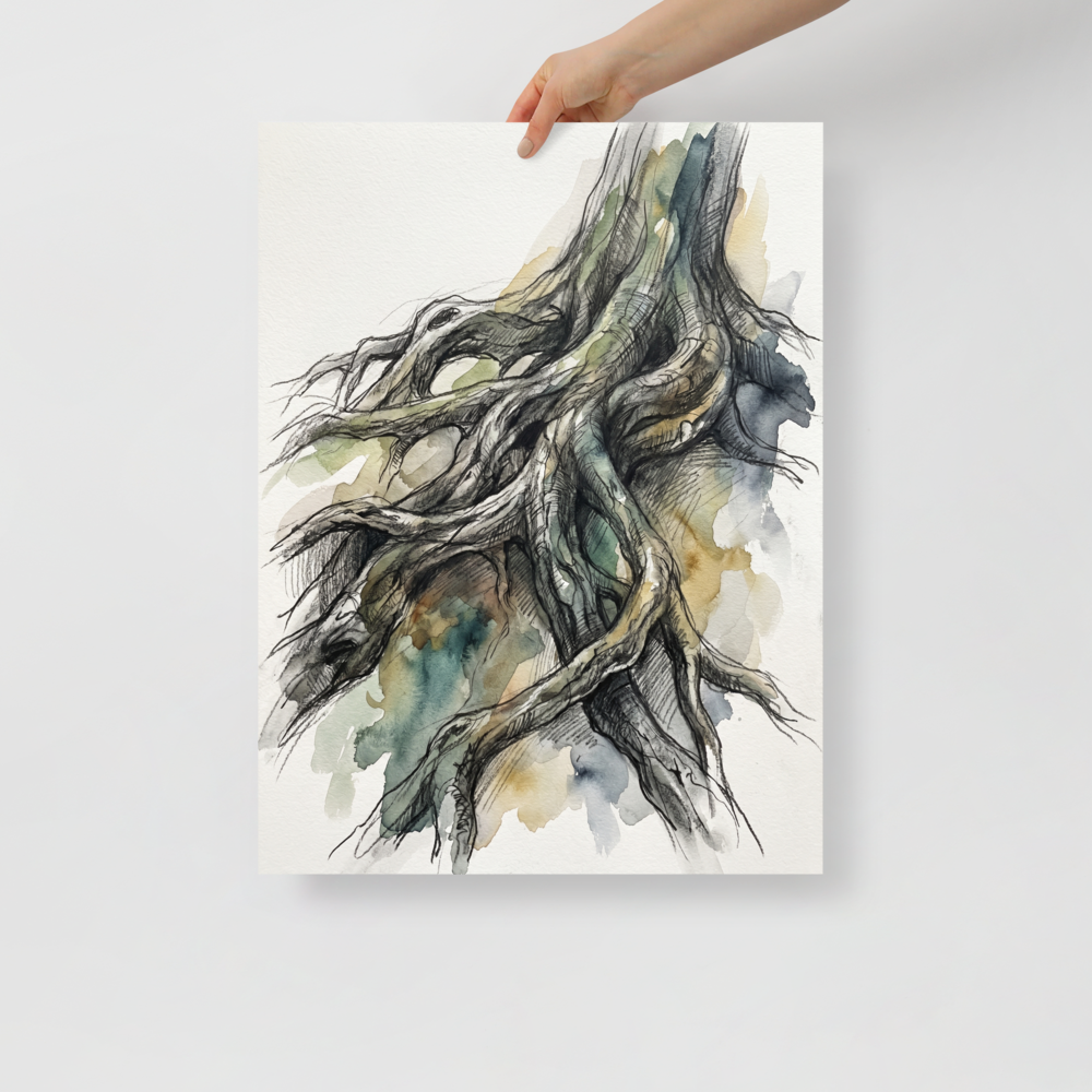 'Twisted Roots' — a Expressionism,Realism print. An expressive watercolor sketch of twisted tree roots, ideal for a Library.