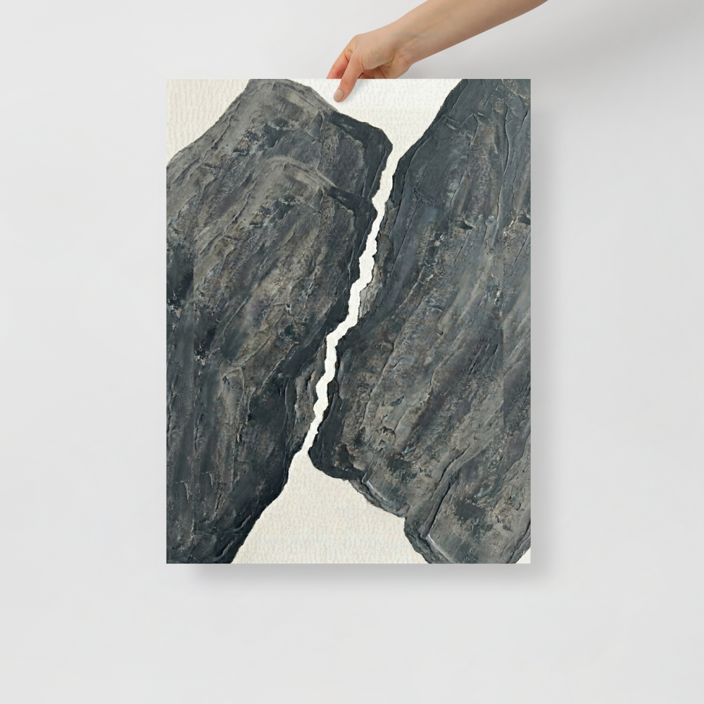 'Fractured Slate' — a Abstract art,Minimalism print. A textured abstract painting featuring two dark grey impasto shapes separated by a jagged white rift, perfect for a modern bedroom or office.