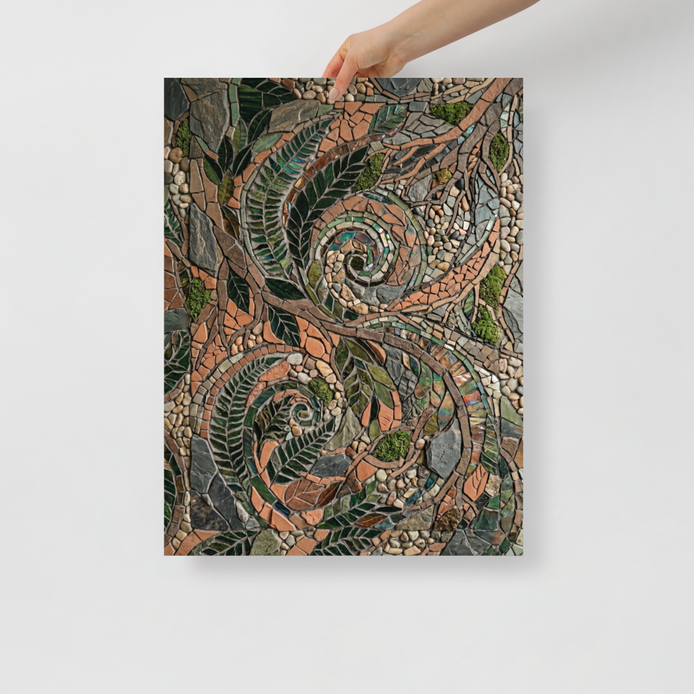 'Fossilized Ferns' — a Environmental art,Folk Art print. A highly textured pebble and stone mosaic depicting swirling fern spirals, perfect for a Sunroom.