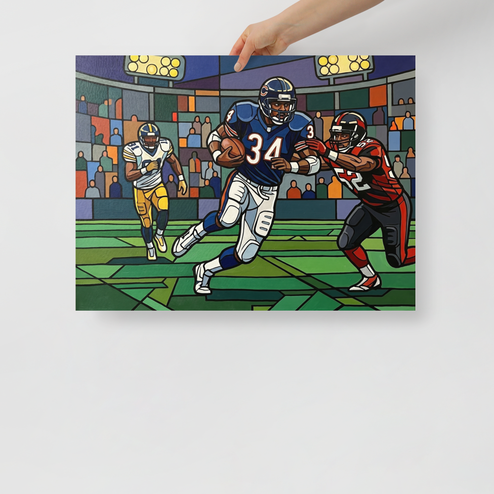 'The Breakaway Run' — a Cloisonnism print. A dynamic Cloisonnism painting of a football player breaking a tackle under stadium lights, ideal for an energetic game room.