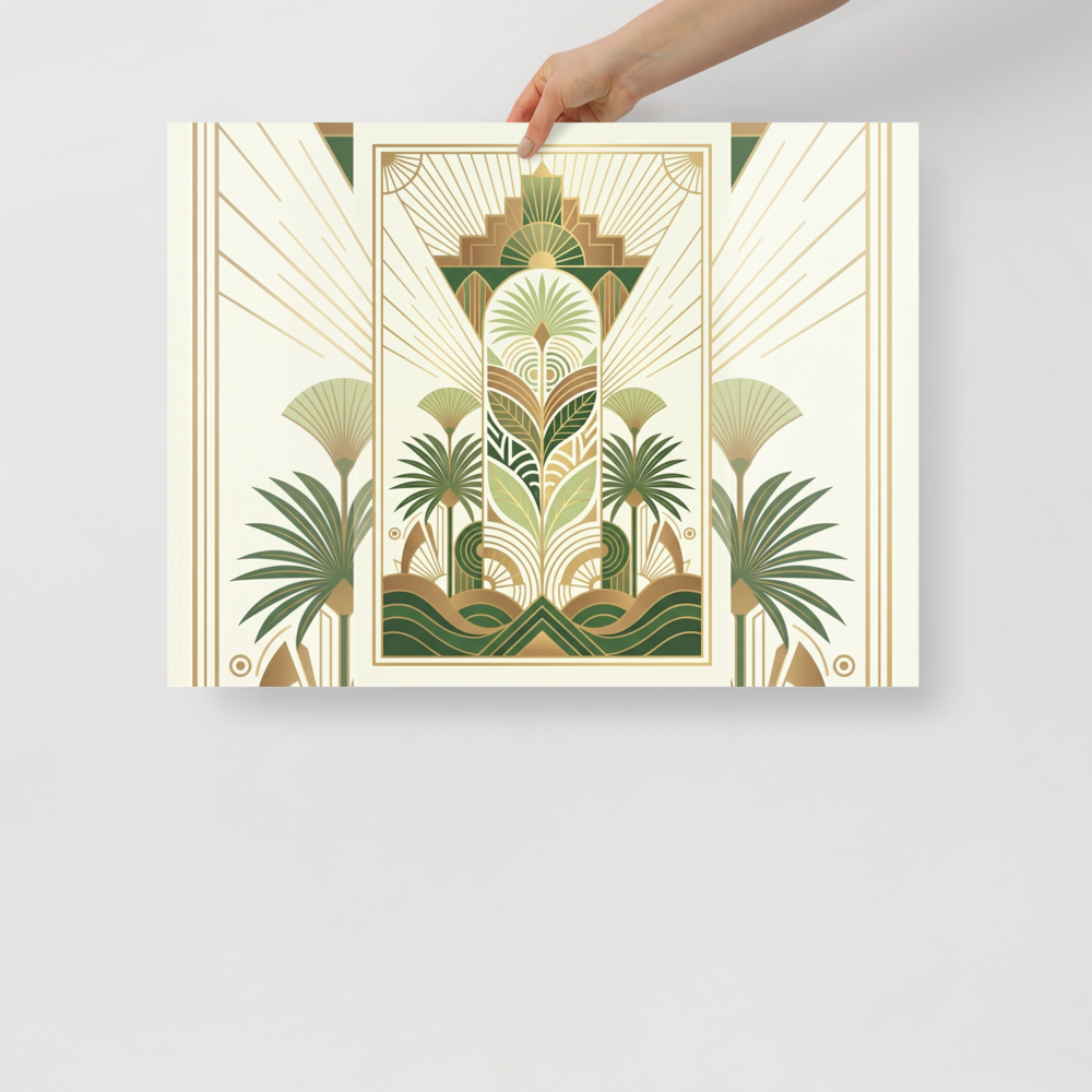 'Golden Palm Deco' — a Art Deco print. A symmetrical Art Deco botanical design with green and gold stylized palm leaves, perfect for an elegant entryway.