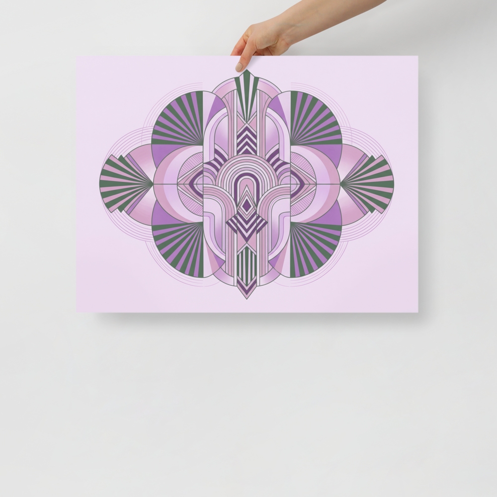 'Lavender Deco Symmetry' — a Art Deco print. A symmetrical pastel Art Deco design featuring stylized geometric fan and fountain shapes in purple and green, ideal for a serene bedroom.