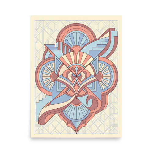 'Deco Architect's Emblem' — a Art Deco print. An intricate Art Deco emblem featuring overlapping geometric shapes, stairs, and fan motifs in peach and light blue, ideal for a refined office.