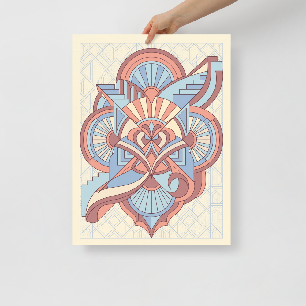 'Deco Architect's Emblem' — a Art Deco print. An intricate Art Deco emblem featuring overlapping geometric shapes, stairs, and fan motifs in peach and light blue, ideal for a refined office.