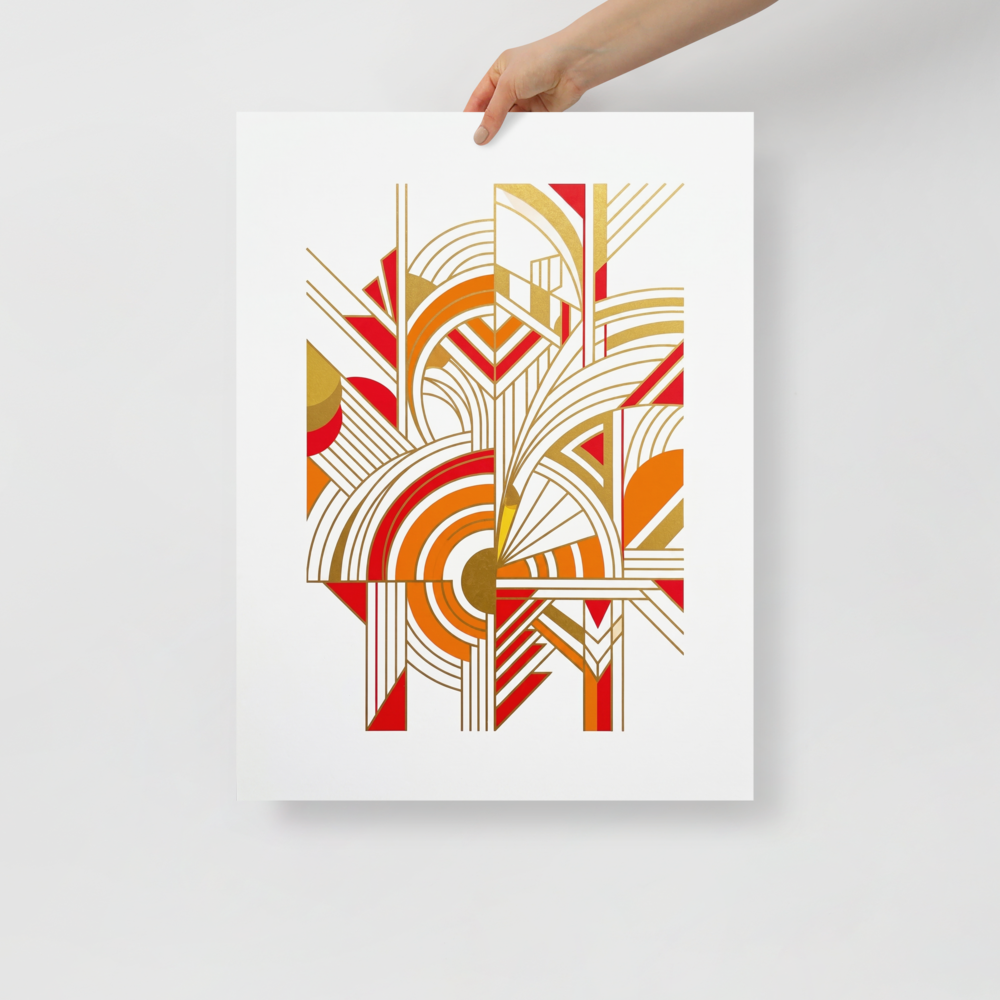 'Radiant Deco Abstract' — a Art Deco print. A vibrant abstract Art Deco composition featuring bold geometric shapes and fan motifs in red, orange, and gold against a white background.