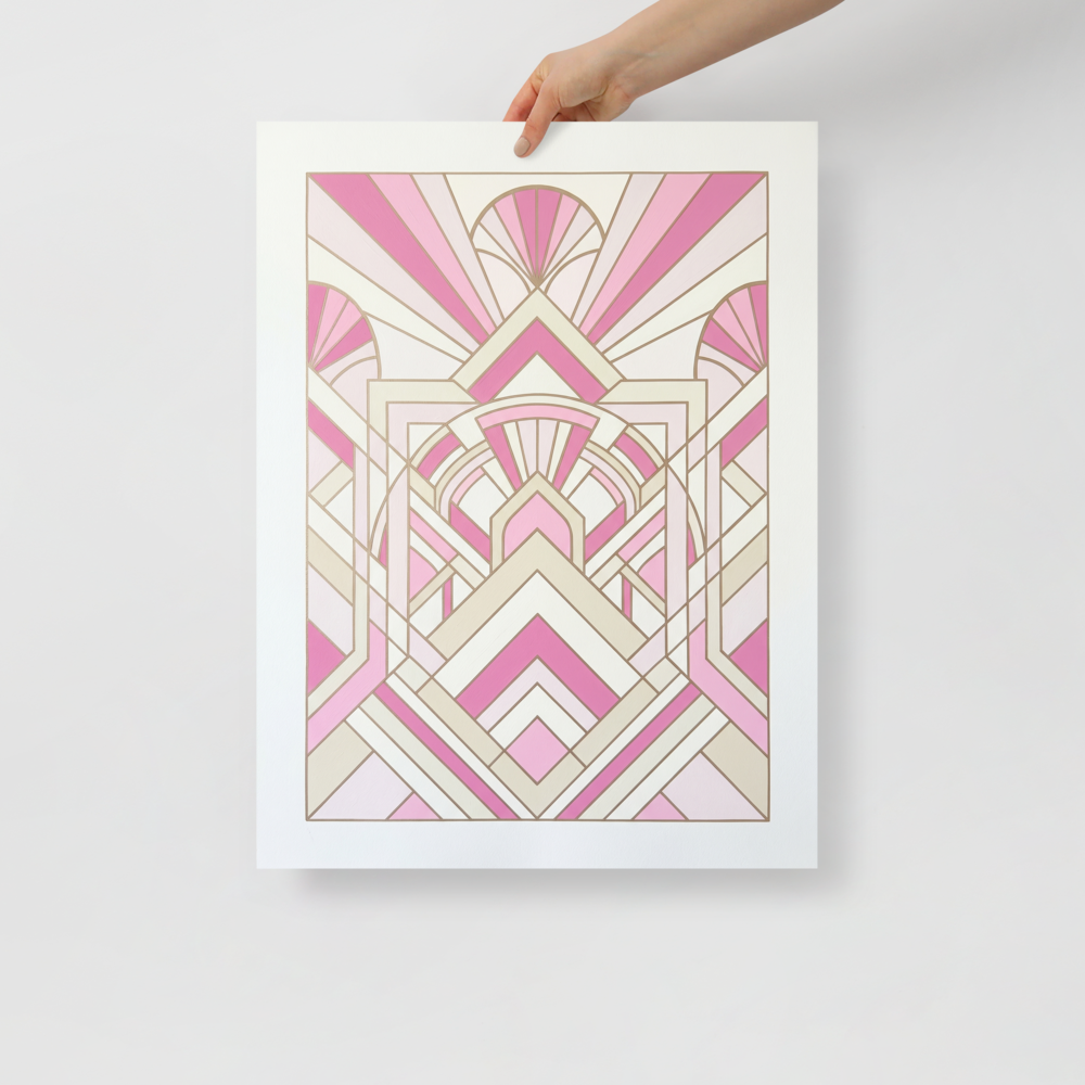 'Rose Deco Radiance' — a Art Deco print. A delicate Art Deco geometric design featuring symmetrical patterns and sunbursts in soft pink and creamy white tones, ideal for a serene bedroom.