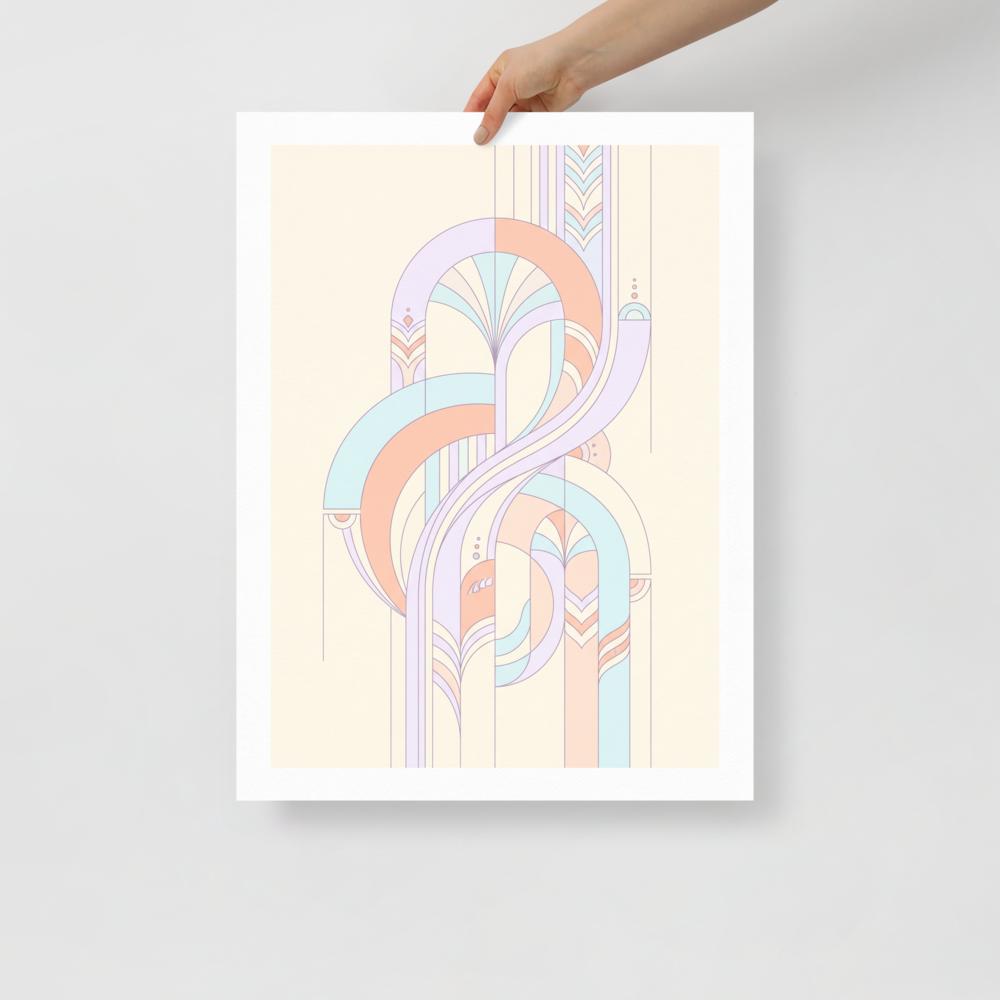 'Pastel Deco Flow' — a Art Deco print. An abstract Art Deco design featuring fluid geometric curves and fountain-like shapes in soft lavender, peach, and light blue pastels.