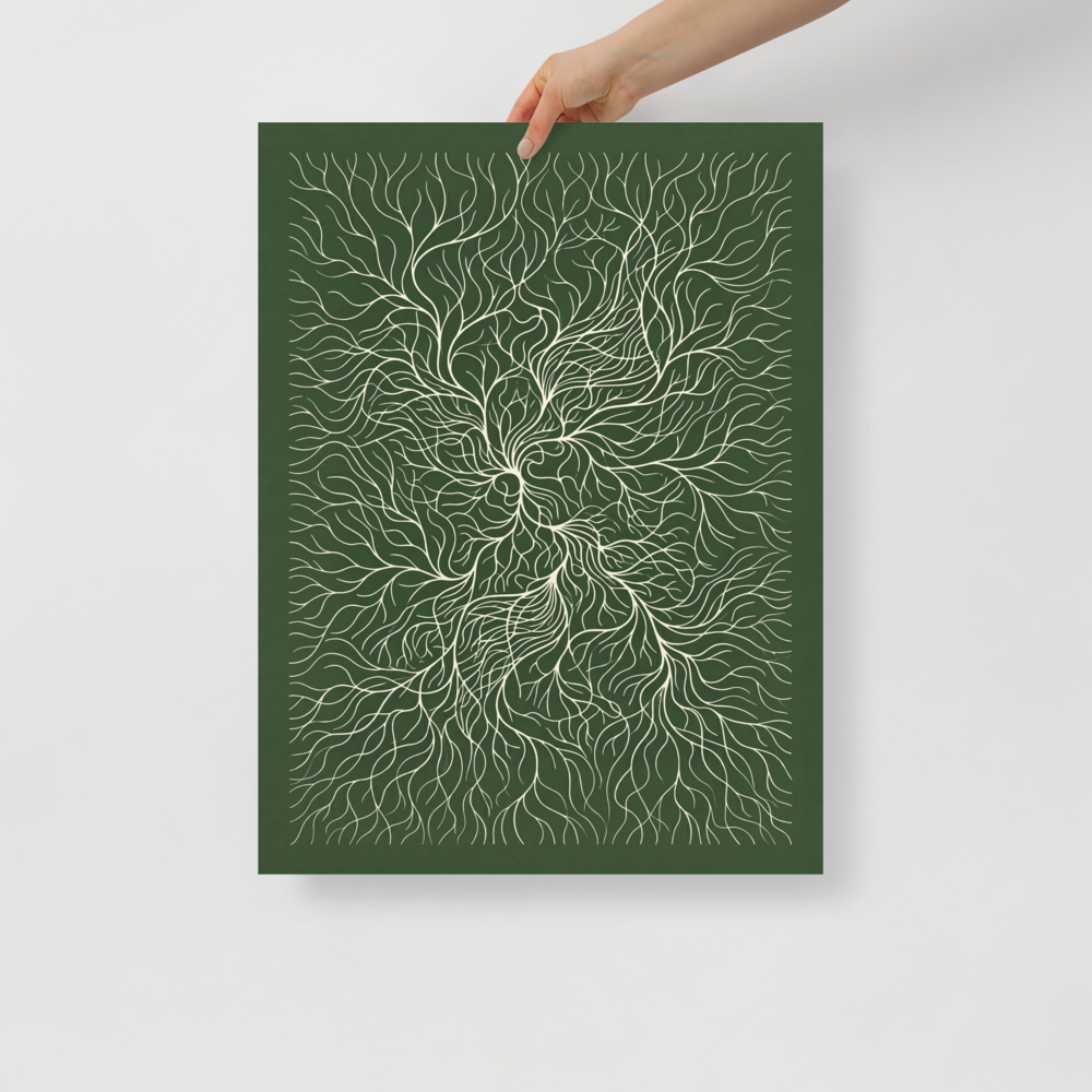 'Emerald Roots' — a Abstract art,Minimalism print. An abstract biophilic illustration of intricate white roots spreading across a dark green background, perfect for a bedroom.