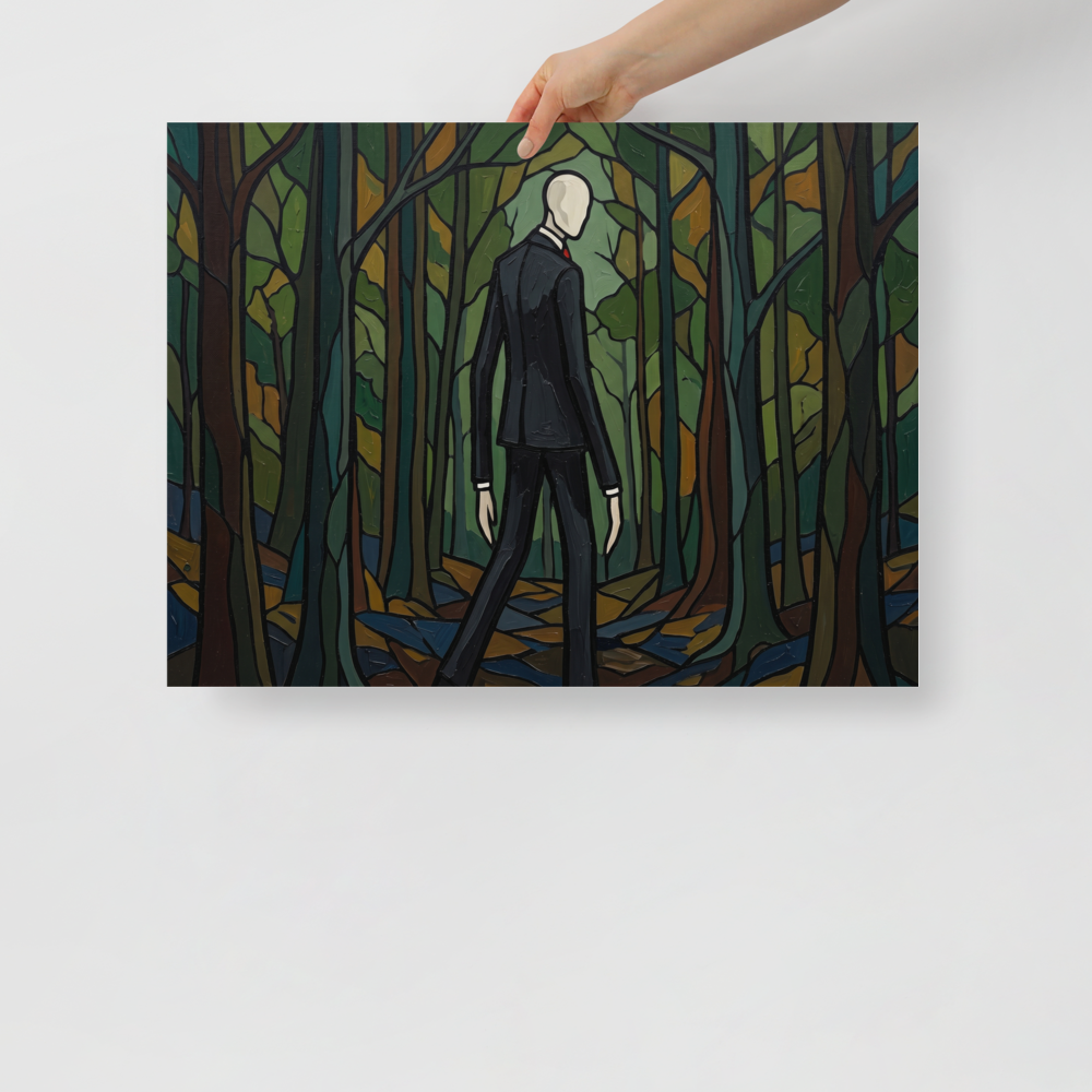 'The Faceless Figure' — a Cloisonnism,Pop art print. A Cloisonnism style painting of a tall faceless man in a suit standing in a dark forest, reminiscent of Slender Man.