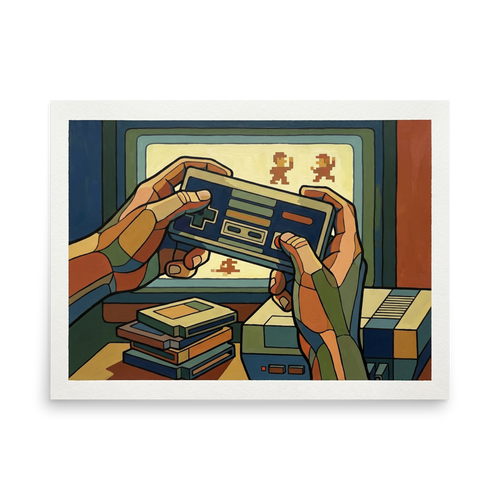 '8-Bit Nostalgia' — a Cloisonnism,Pop art print. A retro gaming scene painted in a Cloisonnism style, featuring hands holding an old controller in front of a CRT TV, ideal for a game room.