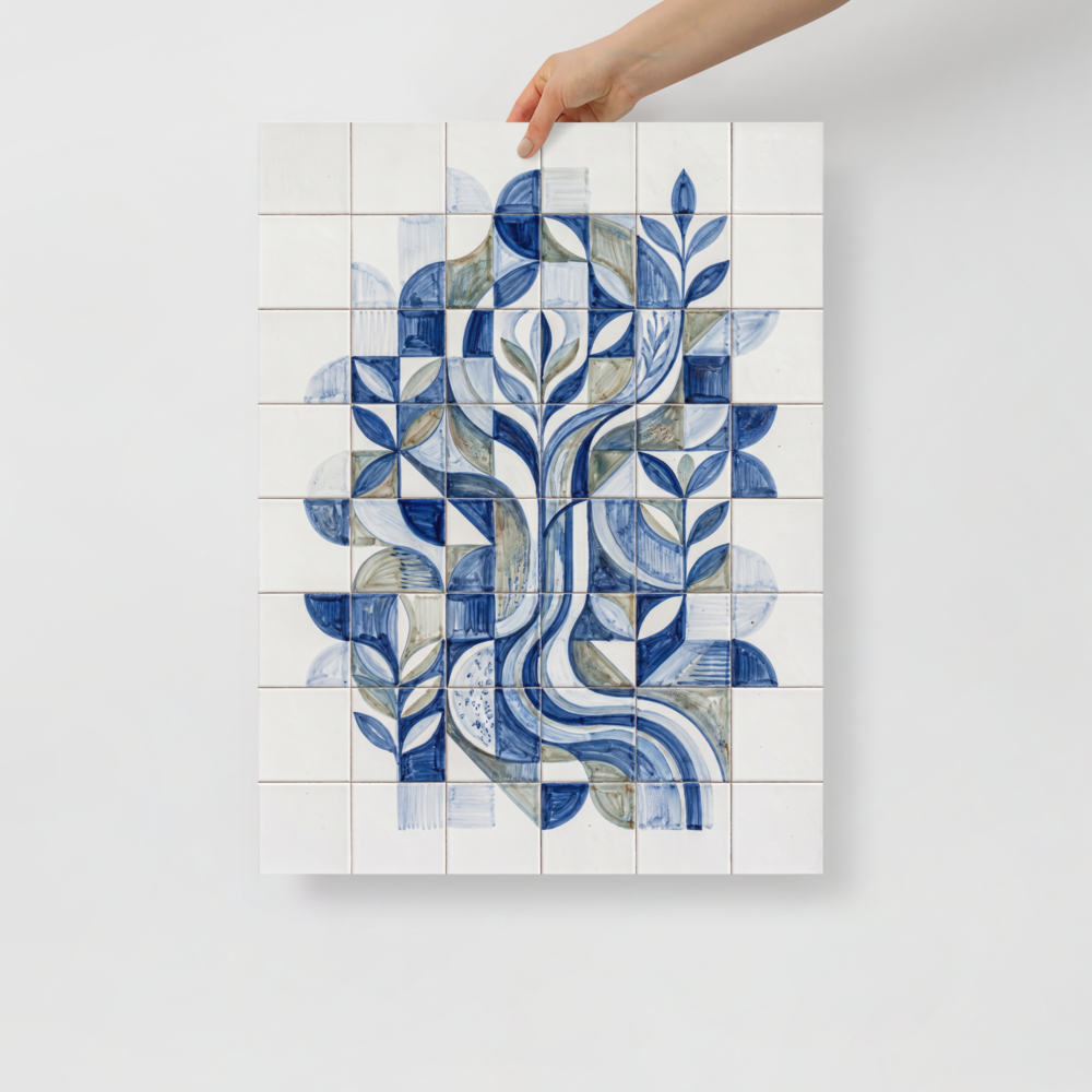 'The Blue Bloom' — a Geometric abstract art print. A geometric blue and white azulejo tile pattern of an abstract plant, perfect for a modern Kitchen.