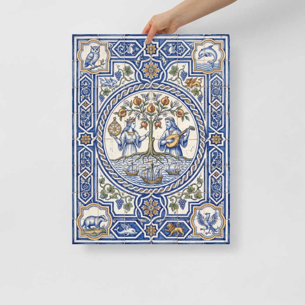 'The Mariner's Harmony' — a Renaissance print. An ornate blue and yellow traditional tile artwork featuring mythical figures and ships, ideal for a classic Library.