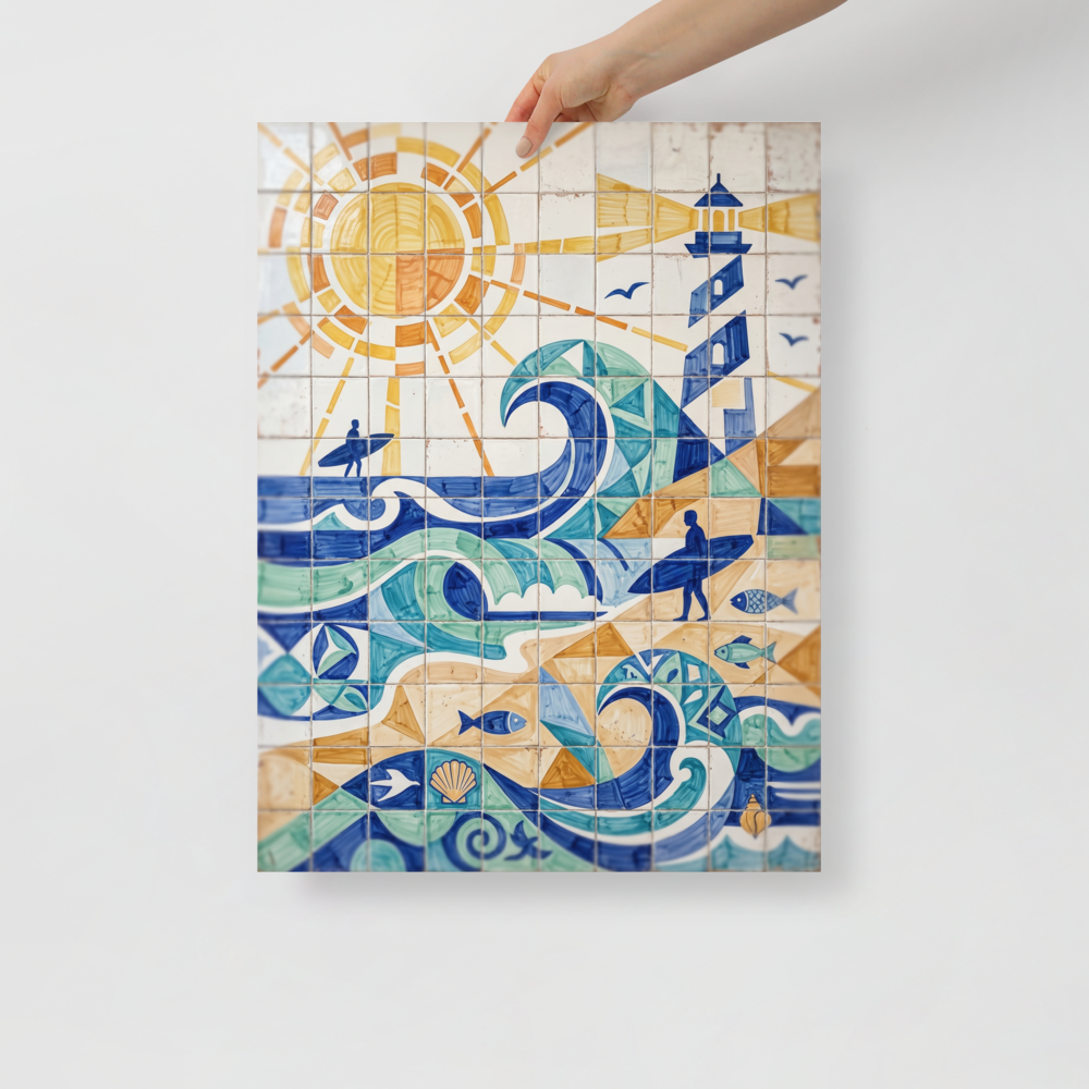 'Coastline Cubism' — a Cubism print. A lively blue and orange azulejo tile artwork depicting a sunny beach scene with surfers, great for a bright Bathroom.